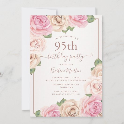 Elegant Roos Gouden Waterverf Bloemen 95ste Verjaa Kaart (Voorkant)