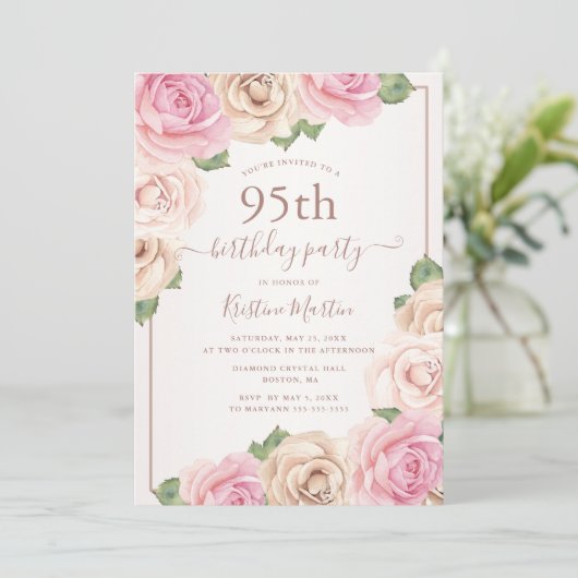 Elegant Roos Gouden Waterverf Bloemen 95ste Verjaa Kaart (Staand voorkant)