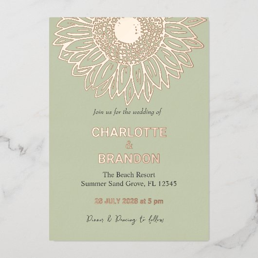 Elegant Roos gouden zonnebloem bruiloft Folie Uitnodiging (Voorkant)