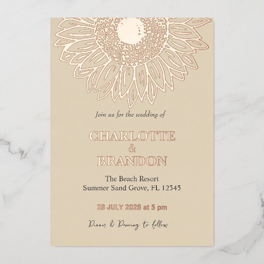 Elegant Roos gouden zonnebloem bruiloft Folie Uitnodiging (Voorkant)