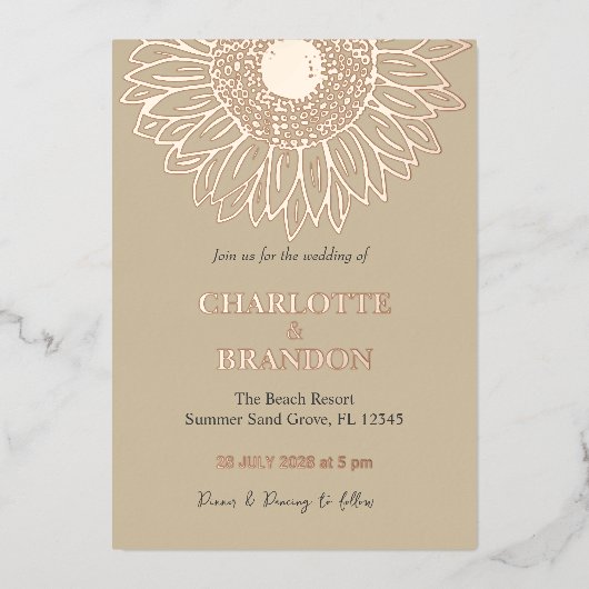Elegant Roos gouden zonnebloem bruiloft Folie Uitnodiging (Voorkant)