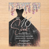 Elegant roos gouden zwarte jurk zoet 16 monogram acryl uitnodigingen (Voorkant)