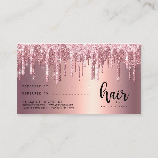 Elegant roos goudglitter drip haar stylist aanbevelingskaartje (Achterkant)