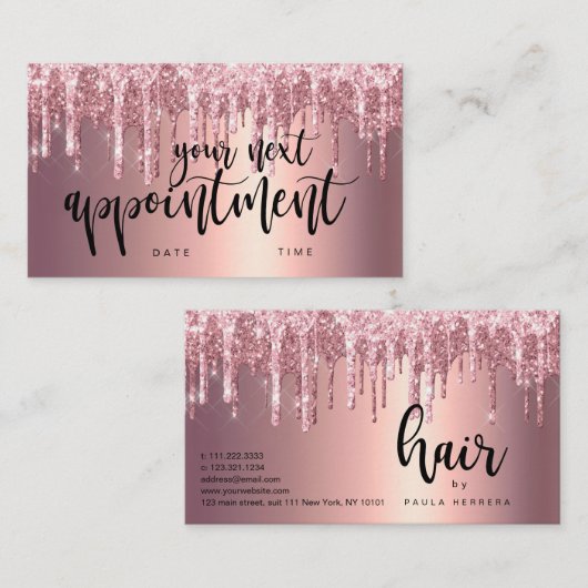 Elegant roos goudglitter drip haar stylist afsprakenkaartje (Voorkant / Achterkant)