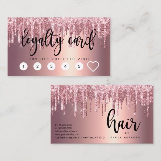 Elegant roos goudglitter drip haar stylist klantenkaartje (Voorkant / Achterkant)
