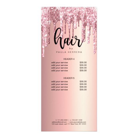 Elegant roos goudglitter drip haar stylist reclamekaart (Achterkant)