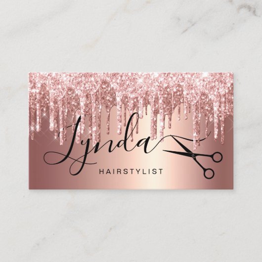 Elegant roos goudglitter druppelt haarstylist visitekaartje (Voorkant)