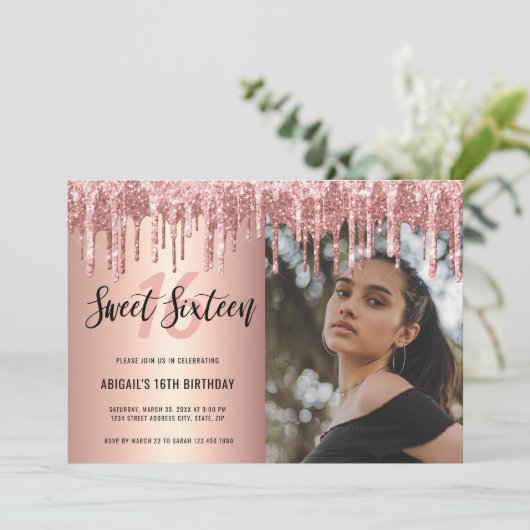 Elegant roos goudglitter druppelt zoet zestien kaart (Staand voorkant)