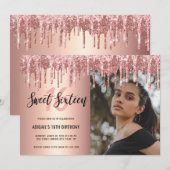 Elegant roos goudglitter druppelt zoet zestien kaart (Voorkant / Achterkant)