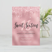 Elegant roos goudglitter druppelt zoet zestien kaart (Staand voorkant)