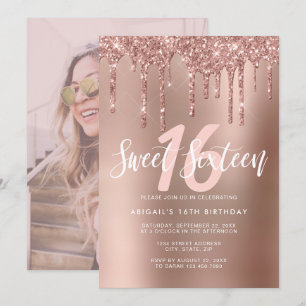 Elegant roos goudglitter druppelt zoet zestien kaart