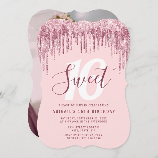 Elegant roos goudglitter druppelt zoet zestien kaart (Voorkant / Achterkant)