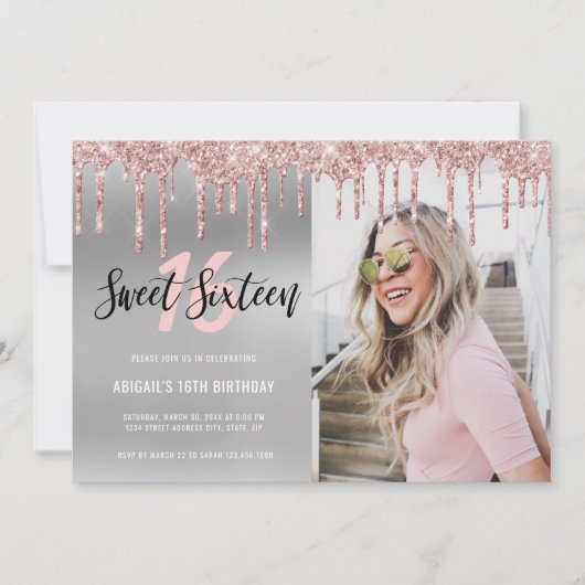 Elegant roos goudglitter druppelt zoet zestien kaart (Voorkant)