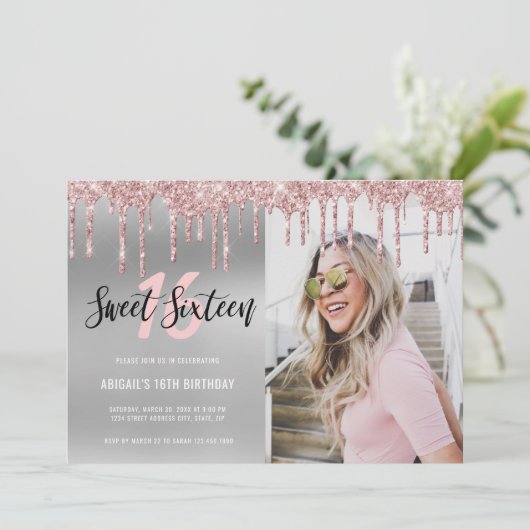 Elegant roos goudglitter druppelt zoet zestien kaart (Staand voorkant)