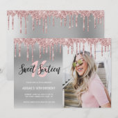 Elegant roos goudglitter druppelt zoet zestien kaart (Voorkant / Achterkant)