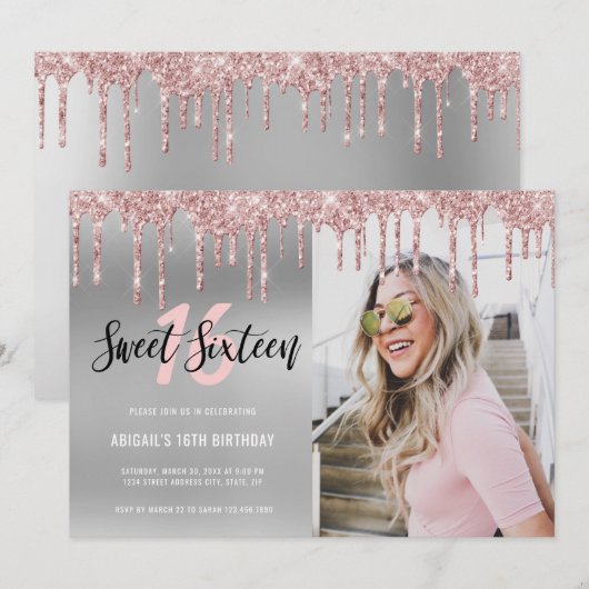 Elegant roos goudglitter druppelt zoet zestien kaart (Voorkant / Achterkant)