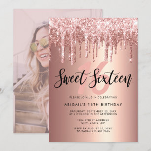 Elegant roos goudglitter druppelt zoet zestien kaart