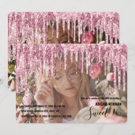 Elegant roos goudglitter druppelt zoet zestien kaart (Voorkant / Achterkant)