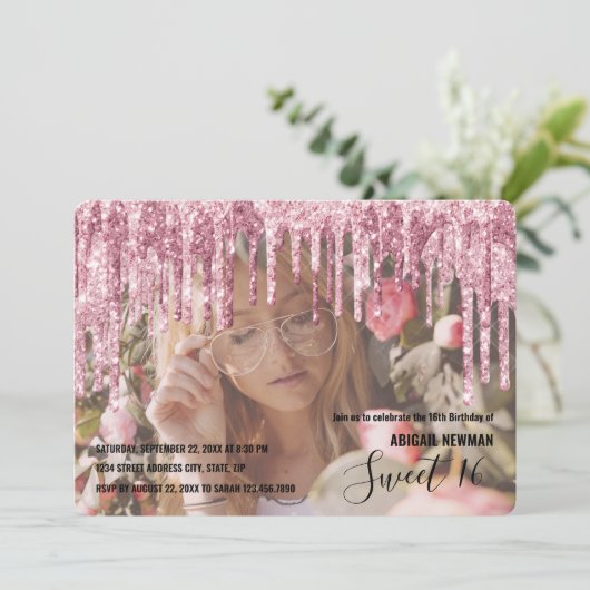 Elegant roos goudglitter druppelt zoet zestien kaart (Staand voorkant)