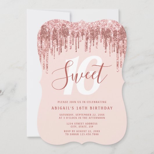 Elegant roos goudglitter druppelt zoet zestien kaart (Voorkant)