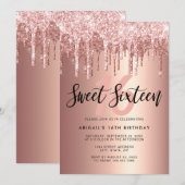 Elegant roos goudglitter druppelt zoet zestien kaart (Voorkant / Achterkant)