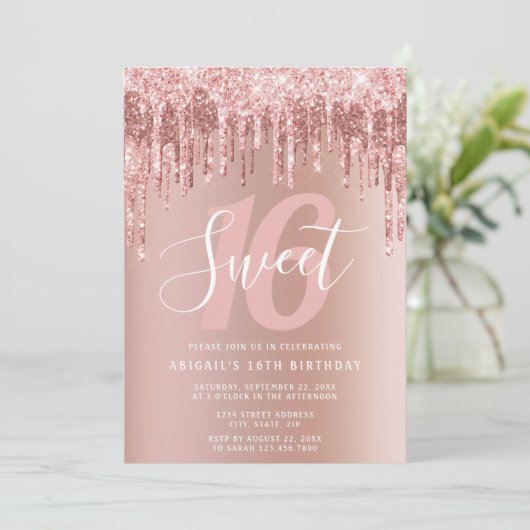 Elegant roos goudglitter druppelt zoet zestien kaart (Staand voorkant)