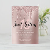 Elegant roos goudglitter druppelt zoet zestien kaart (Staand voorkant)