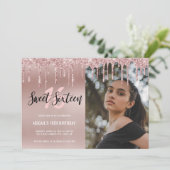 Elegant roos goudglitter druppelt zoet zestien kaart (Staand voorkant)