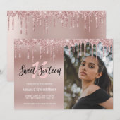 Elegant roos goudglitter druppelt zoet zestien kaart (Voorkant / Achterkant)