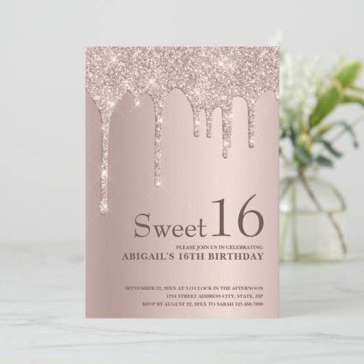 Elegant roos goudglitter druppelt zoet zestien kaart (Staand voorkant)