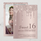 Elegant roos goudglitter druppelt zoet zestien kaart (Voorkant / Achterkant)