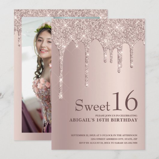 Elegant roos goudglitter druppelt zoet zestien kaart (Voorkant / Achterkant)