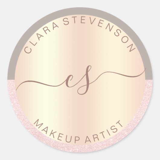 Elegant roos goudglitter en grijze make-up kunsten ronde sticker (Voorkant)