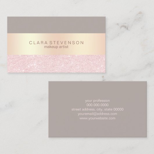 Elegant roos goudglitter en grijze make-up kunsten visitekaartje (Voorkant / Achterkant)