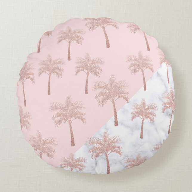 Elegant roos goudglitter en wit marmer patroon rond kussen (Voorkant)