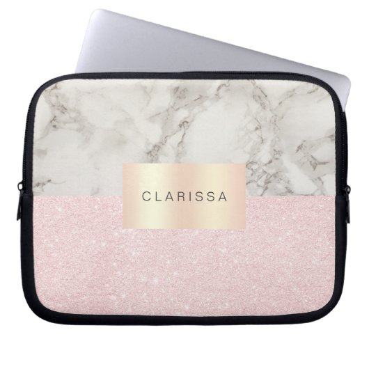 Elegant  roos goudglitter en witte marmer laptop sleeve (Voorkant)