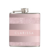 Elegant roos goudglitter en zwarte roze streep heupfles (Voorkant)