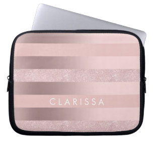 Elegant roos goudglitter en zwarte roze streep laptop sleeve