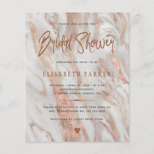Elegant roos goudmarmer bruddouche-uitnodiging flyer (Voorkant)