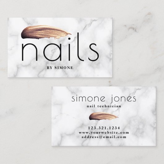 Elegant roos goudnagel nagellak witte marmer visitekaartje (Voorkant / Achterkant)
