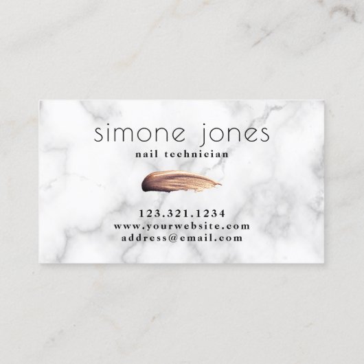 Elegant roos goudnagel nagellak witte marmer visitekaartje (Achterkant)