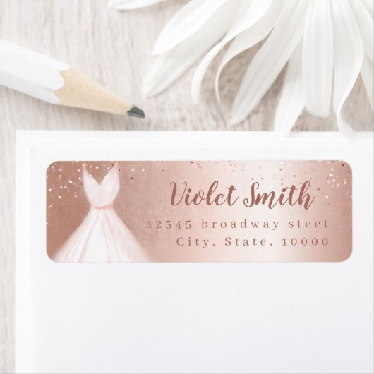 Elegant roos goudroze jurk terugkeeradres etiket (Insitu)