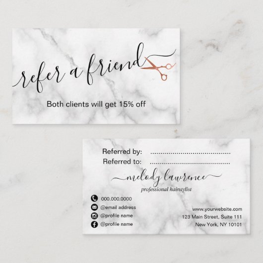 Elegant roos goudschaar aanbevelingskaartje (Voorkant / Achterkant)