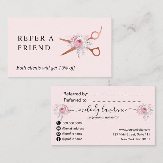 Elegant roos goudschaar aanbevelingskaartje (Voorkant / Achterkant)