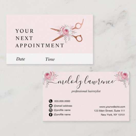 Elegant roos goudschaar afsprakenkaartje (Voorkant / Achterkant)