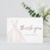 Elegant roos goudspargel roze jurk quinceañera t.o bedankkaart (Staand voorkant)