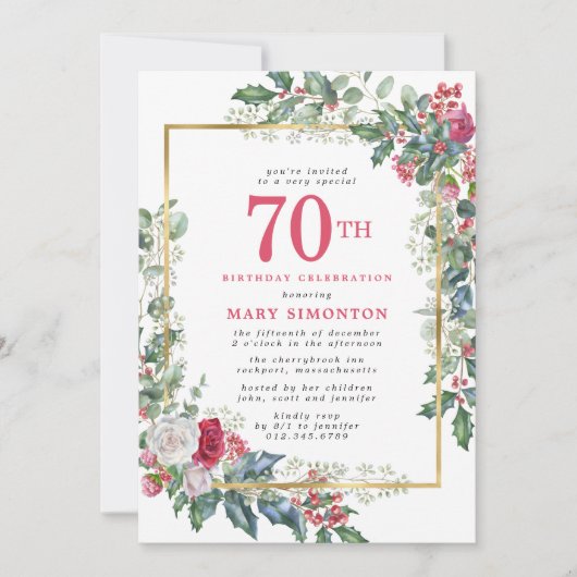 Elegant Roos Holly Berries 70e verjaardag Kaart (Voorkant)