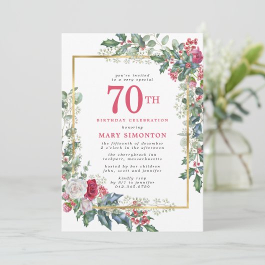 Elegant Roos Holly Berries 70e verjaardag Kaart (Staand voorkant)