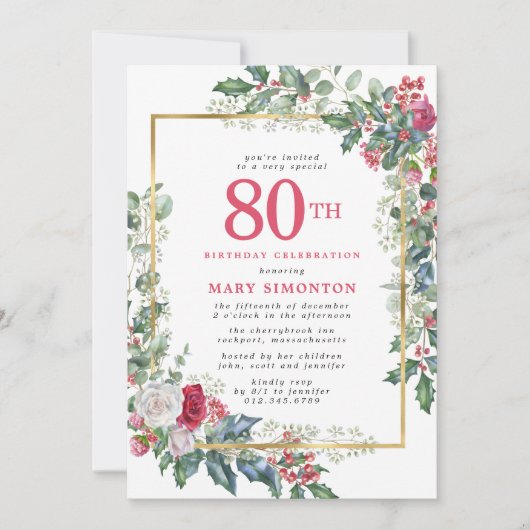 Elegant Roos Holly Berries 80ste verjaardag Kaart (Voorkant)
