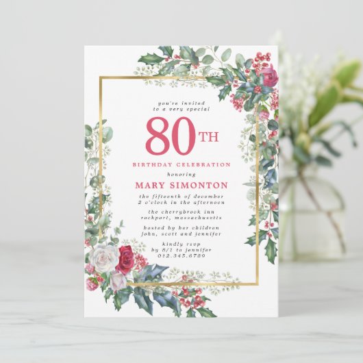 Elegant Roos Holly Berries 80ste verjaardag Kaart (Staand voorkant)